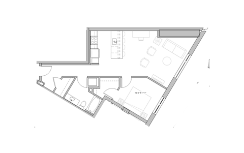 a floor plan of a small room with a bedroom and a bathroom